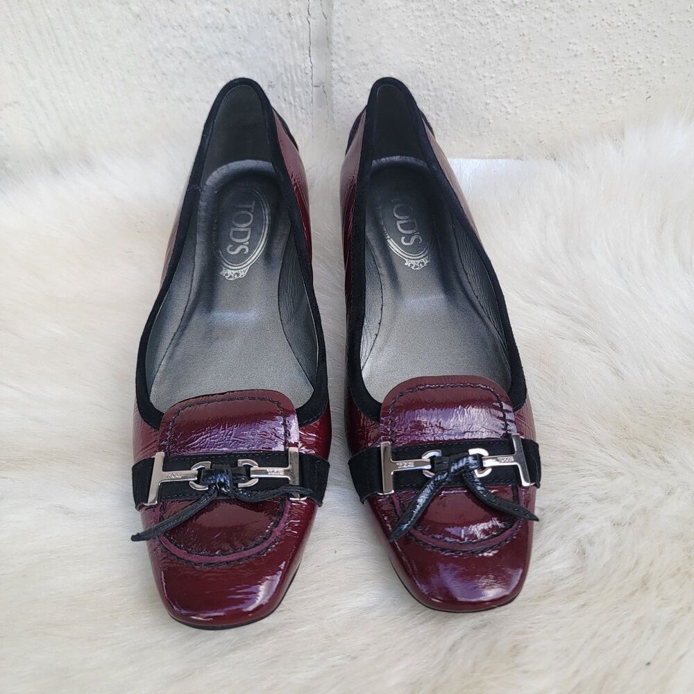 Tod's Burgundy Patent Leather Gommino Driving Loafer Flats Wmns Sz 9 Academia